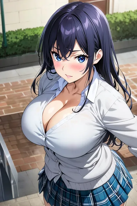 best quality,official art,high school student,fair skin,mega breasts,cleavage,school uniform, cardigan,mini skirt,