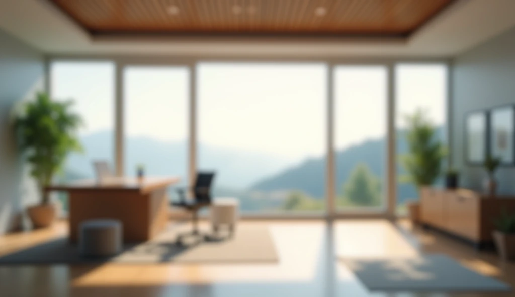 A modern empty blurred office room with panaroma window. 