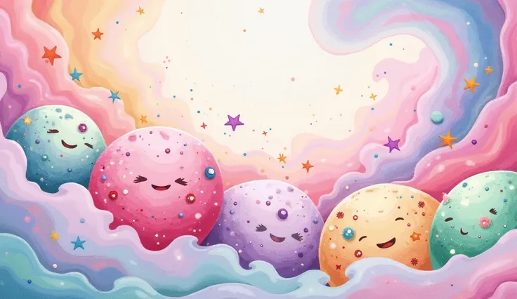 A whimsical, hand-drawn watercolor and ink-style illustration of a galaxy made entirely of ice cream. The swirling galaxy features soft pastel-colored scoops of ice cream in hues of pink, mint green, lavender, and soft yellow, blending together like nebula...