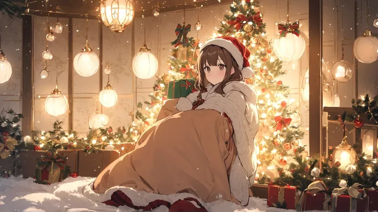  A warm indoor Christmas scene 。 A girl in warm winter clothes 、 A warm indoor Christmas scene 。 The room is wrapped in soft light 、 There is a beautifully decorated Christmas tree nearby 、 lights and ornaments that gently emit magical light 。 The girl has...