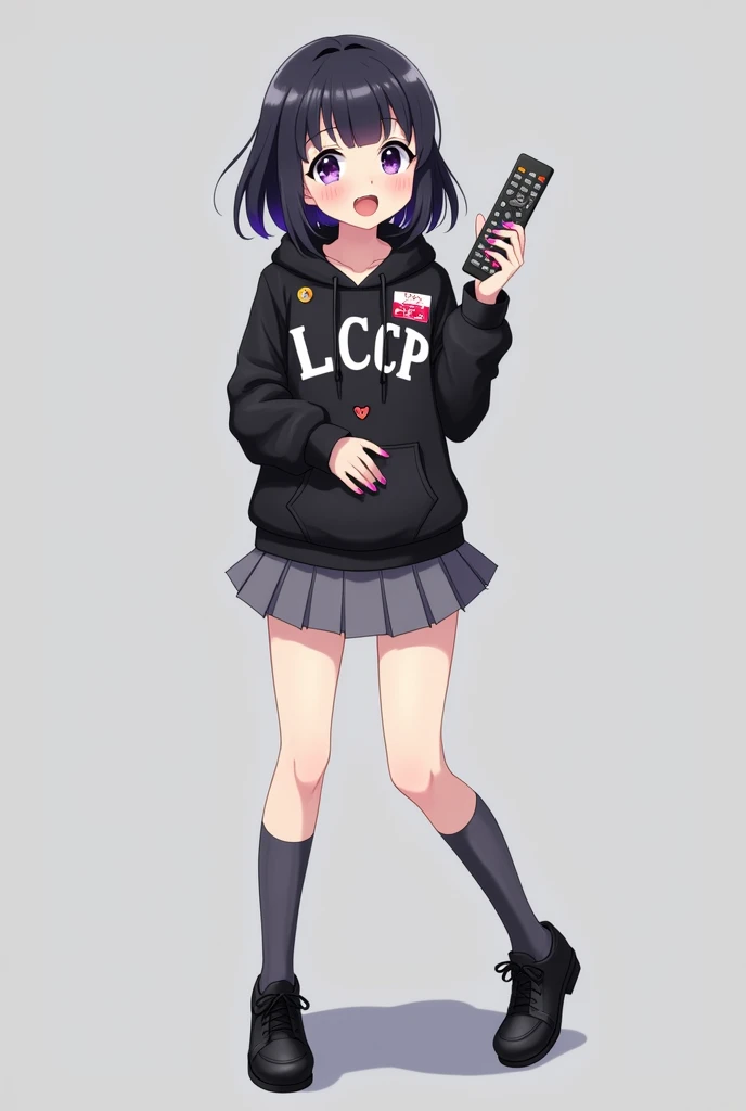 Anime adolescent woman looking forward with black hair and purple eyes and standing in the front and her legs and wearing black leather shoes and with pins and knee-length gray socks And black hooded poleron with letters and white borders and gray backgrou...