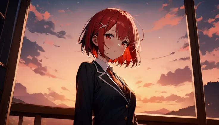  short hair, ( red hair:1.2), X Hair Ornament, Red Eyes, ties,  girl,One person,  collared shirt,  white shirt,  Long Sleeve ,  pleated skirt, student,  blazer、uniform、 top quality, masterpiece,  high definition ,chest、highest quality, intricate details, (...