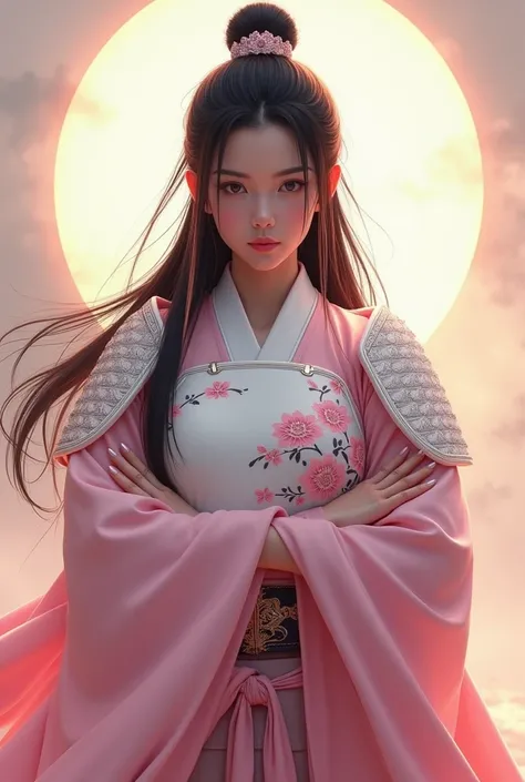 "A breathtaking and ultra-detailed digital painting of a stunning warrior princess with black hair with copper highlights framing her determined face. She stands facing the camera with her arms crossed, exuding an air of elegance and strength, ready to com...