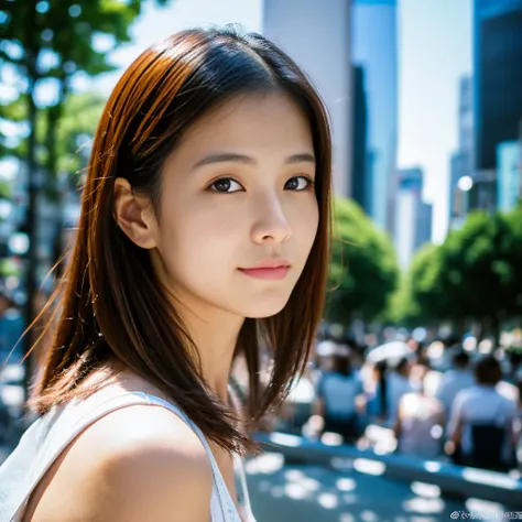  Photorealistic, 8k full length portrait,  beautiful woman,  Charming expression,  clear the system, 20 years old, Tokyo, summer, Shibuya in the background