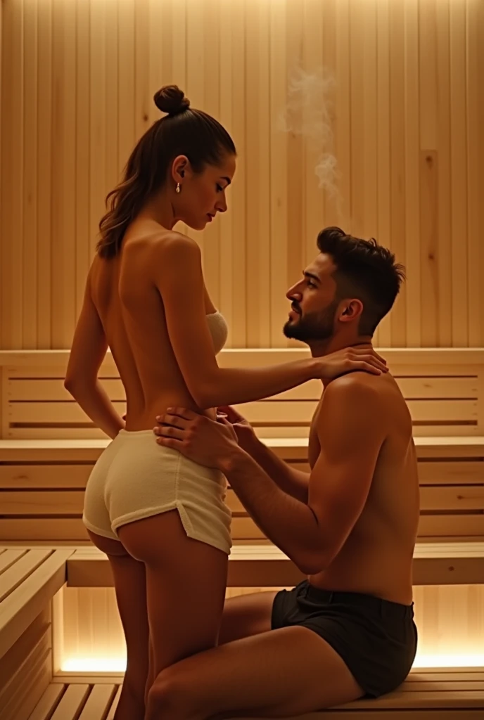 Scene Description:
A minimalist sauna in light wooden tones with soft, warm lighting. The camera is positioned behind and slightly to the side of the woman, capturing a partial side profile of the man. He sits on the bottom tier of a three-level bench, lea...