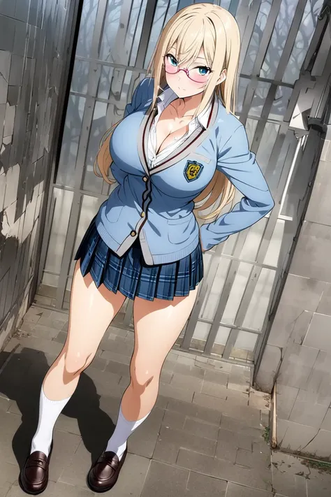 best quality,official art,high school student,fair skin,mega breasts,cleavage,school uniform, cardigan,mini skirt,full body