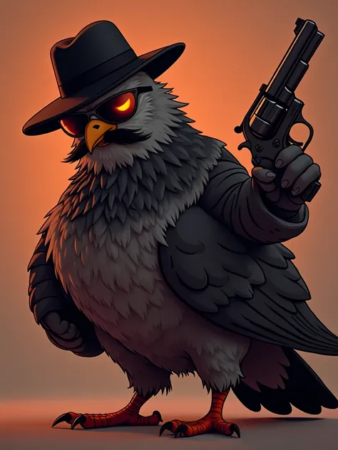 A cartoon pigeon, positioned centrally in the image, is dressed in a black fedora, dark sunglasses, and appears to be holding a revolver. The pigeon has a small, dark mustache and a serious, somewhat menacing expression.  The pigeons body is a stylized, li...