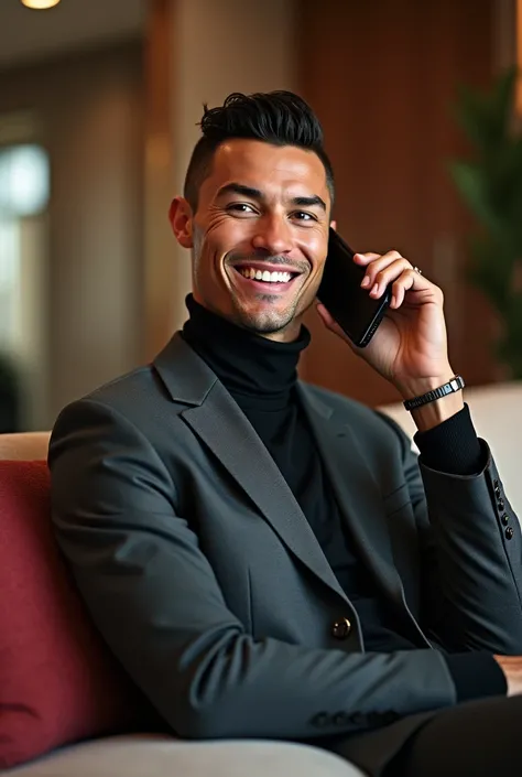 Ronaldo making a phone call in his luxurious apartment with a open smile