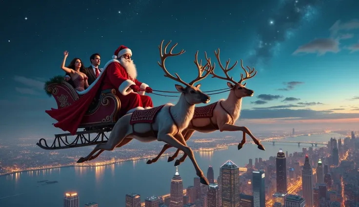 A majestic Santa Claus, adorned in his crimson robes, guides his magnificent reindeer through the starlit Christmas night sky. Below, the dazzling metropolis of New York City stretches out like a twinkling tapestry, while a breathtakingly beautiful and sed...