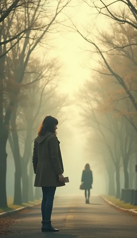 Create a poignant and emotional scene depicting one-sided love. In the foreground, show a person standing alone on a quiet street or in a serene park, looking longingly at another person who is walking away or standing at a distance, unaware of their gaze....