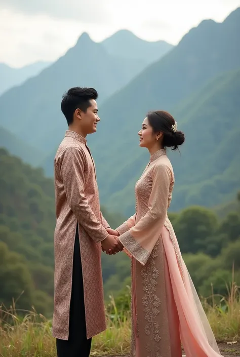  A 27 year old man wears a prewedding garment, and a woman wearing an Indonesian preweding shirt , hand-in-hand pose while staring.  background mountains , know
