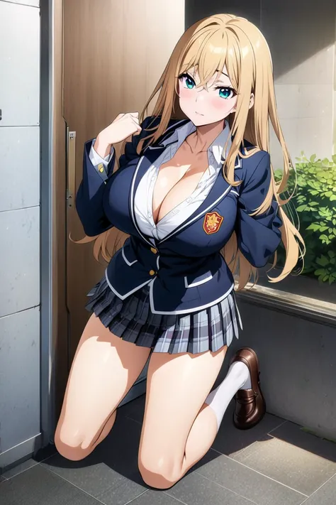 best quality,official art,high school student,fair skin,mega breasts,cleavage,school uniform, cardigan,mini skirt,full body