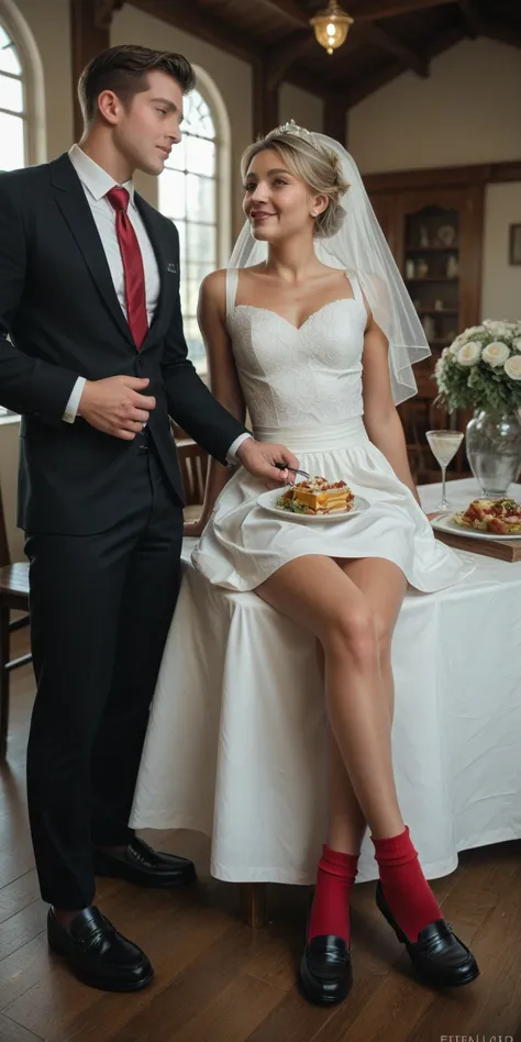 British male company CEO, muscular body, black colored three piece wedding suit, black colored long bell bottom pant, red colored short length necktie, red socks, black shiny leather penny loafers, sitting next to his female bride, confidently sitting behi...