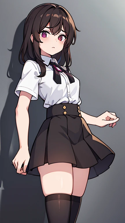 1trans girl, wearing a shirt and skirt, thigh highs,  dark brown hair