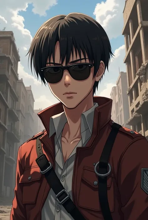 Create a character from the anime attack on titan Eren Yeager using sunglasses