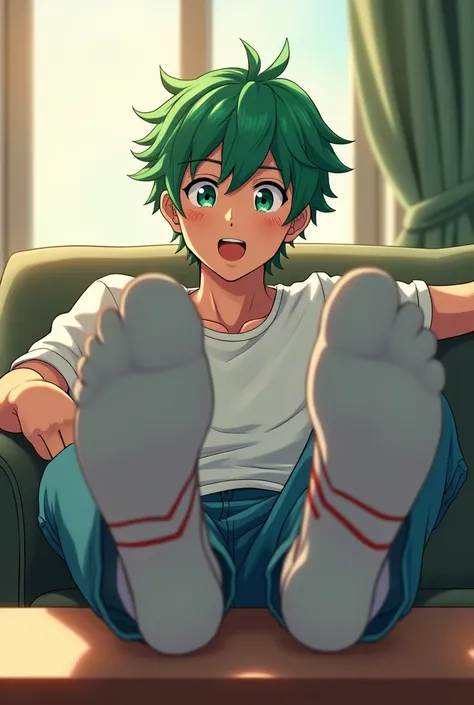 Anime male, teenager, green hair, green eyes, freckles, messy hair, blue jeans, white adidas striped socks, leaning back, feet up, feet on coffee tabe, sitting on couch, feet focused