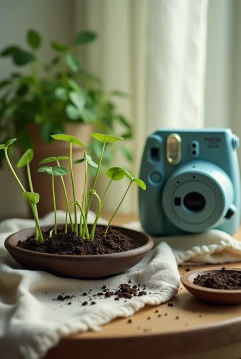 Aesthetic  (seen from above)  table top with seedlings and with a Polaroid square film and a Fujifilm instax square on top