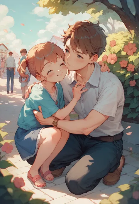  boys, girl,2shot,Lovable man and woman slouching their cheeks, illustrations, cute, is cool, Japanese, Anime Style ,Man and woman hugging,young, girlはロングヘアー