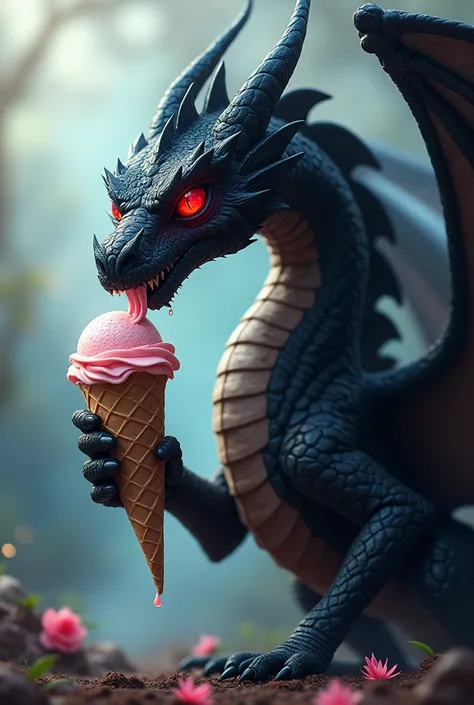 Black dragon with red eyes eating ice cream