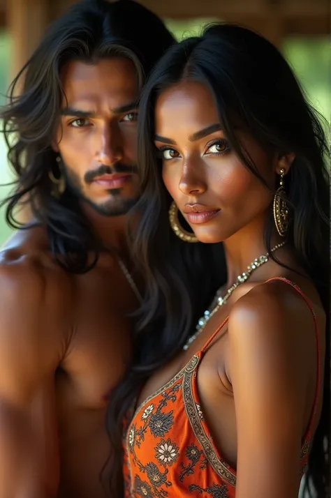  Portrait of a sexy Indian girl with a confident appearance,  with long, loose hair , hazel and brown eyes , C cup breasts, bokeh,  perfect composition ,  next to a young gypsy man ,  with long hyperrealistic hair ,  quality, 8K,  HIGH QUALITY, trend art, ...