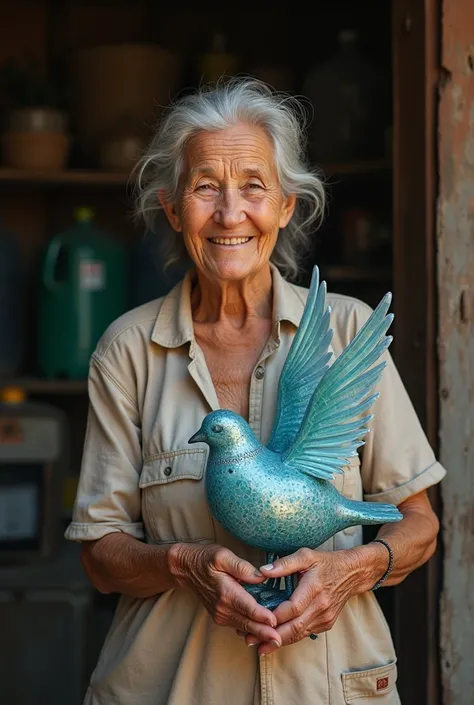 An elderly woman presenting her beautiful work of recycling plastic bottles bird 