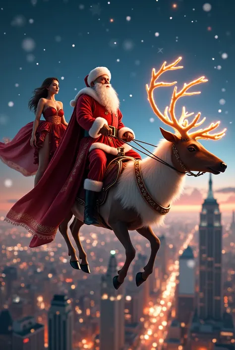 A majestic Santa Claus, adorned in his crimson robes, guides his magnificent reindeer through the starlit Christmas snowy night sky. Below, the dazzling metropolis of New York City stretches out like a twinkling tapestry, while a breathtakingly beautiful a...