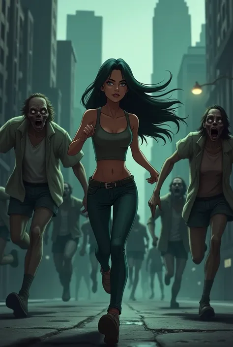 An animated scene in a semi-realistic style, resembling the aesthetic of White Snake 2: The Green Snake. Verta, a beautiful female character, is running toward the camera, her long hair flowing behind her, wearing a modern outfit with a fitted top and jean...