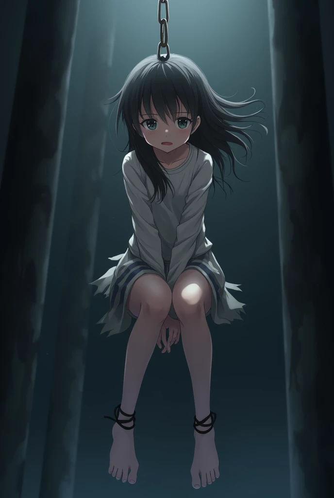 An anime character with her feet and hands tied and suspended in the air