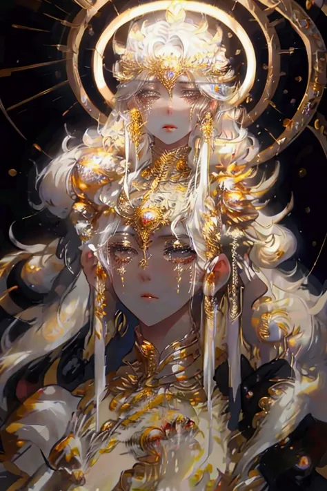 the goddess of justice, standing in a majestic pose.( She has long, snow-white hair) flowing like silk, with a neat blindfold symbolizing impartiality. The goddess is dressed in elegant white and gold robes with delicate decorative patterns emphasizing her...