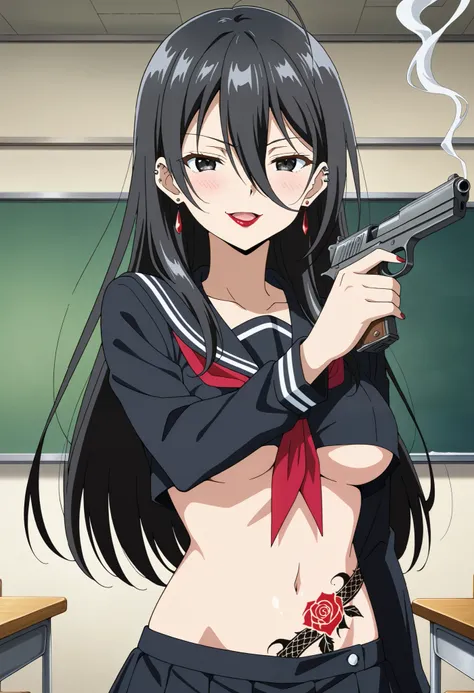 score_9, score_8_up, score_7_up, source_anime,
1girl, solo, 
ayano kimishima, long hair, black hair, hair between eyes, long bangs, black eyes, 
long hair, earrings, red lips, medium breasts,, ear piercing, long hair, blush, lipstick,Hot girl, baddie, smok...