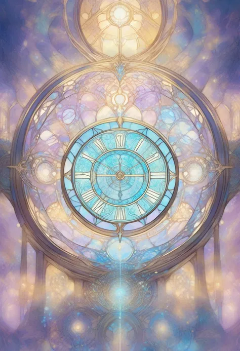 Chamber of Time, time, clock, The amulet glows chamber, complex light, pastel colours, style modern fantasy, (((Detailed drawing))), peace, calm, 
