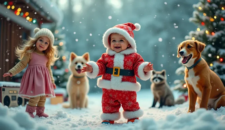 Santa Claus baby wears colorful gear and bucket hat from an unknown manufacturer、A 、 Surreal Photos 。Theres a boom box in the corner 。 Snowflakes , s playing in the snow ,  snowy ground , Warm, shining light, Cozy and festive atmosphere, Joyful laughter an...