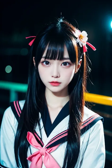  Japanese woman who looks like an idol  , long hair , straight hair , Round face , bust up ,  sailor suit  ,  as pictured  , ( close),  portrait,  portrait, (Alone), masterpiece, top quality, High contrast clothing,  psychedelic, [[[LSD]]], particle, bloom...