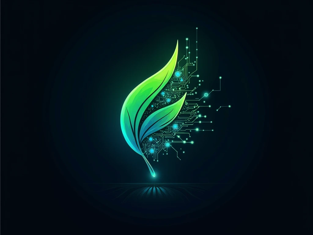 "A logo combining organic and mechanical elements, featuring a leaf partially transforming into digital circuits, glowing with neon blue and green hues, symbolizing a Hybrid World where nature meets technology."