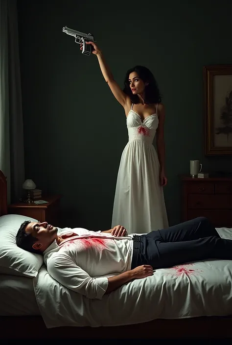 The mans white shirt is covered in blood and lies on the bed, and the woman, wearing a white sexy nightgown, stands with a gun above her head.