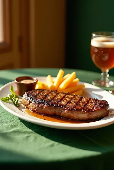 A bright still life ,  depicting a delicious meal :  The main course is a tender grilled steak ,  lying on a white plate .  All this is artfully arranged on a green velvet tablecloth ,  against a warm and attractive background ,  with shallow depth of fiel...