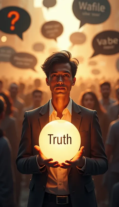 "A confident individual standing in a bustling crowd, where speech bubbles filled with symbols like question marks, exclamation points, and vague phrases float around. The person is illuminated by a calm, golden light and holds a clear, glowing orb labeled...