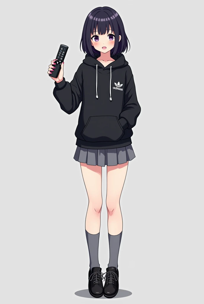 Anime adolescent woman looking forward and black hair and purple eyes and standing in the front and her legs and wearing black leather shoes and with pins and gray socks up to the knees And wearing black poleron slim fit not with front closure with hood an...