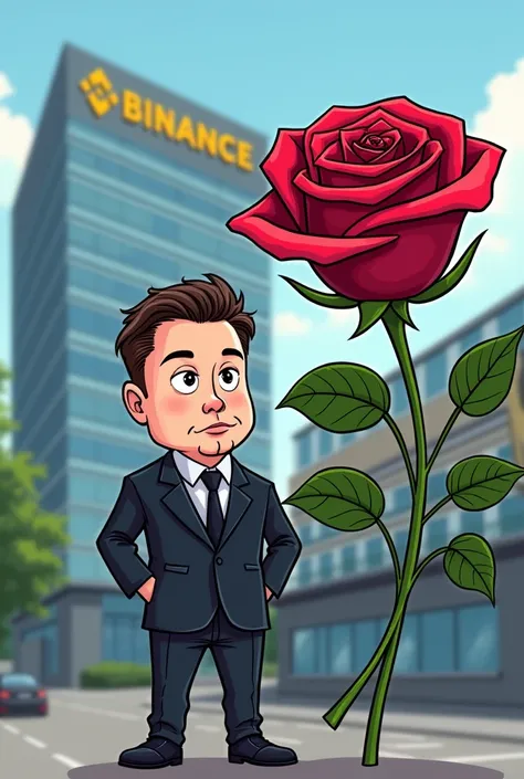 A cartoon images Rose with Elon musk in front office binance