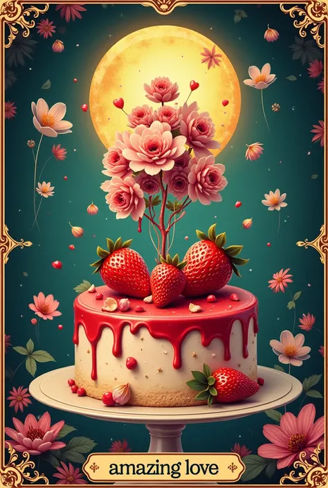  retro advertising poster style tarot card、 Amazing love . Patisserie.  Strawberry Cake.  multicolor. topping.   surreal details .  lots of details around . 