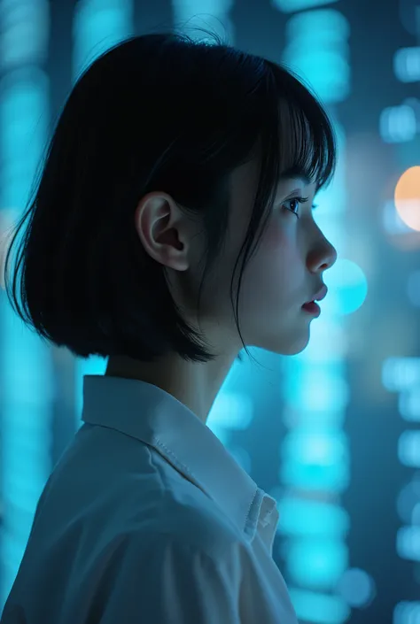 live-action、 real、 visualizing the impact of social networks on mental health during adolescence with holograms、Huge amounts of data flow in、Profile of a very beautiful Japanese high school girl、 short bob hair 