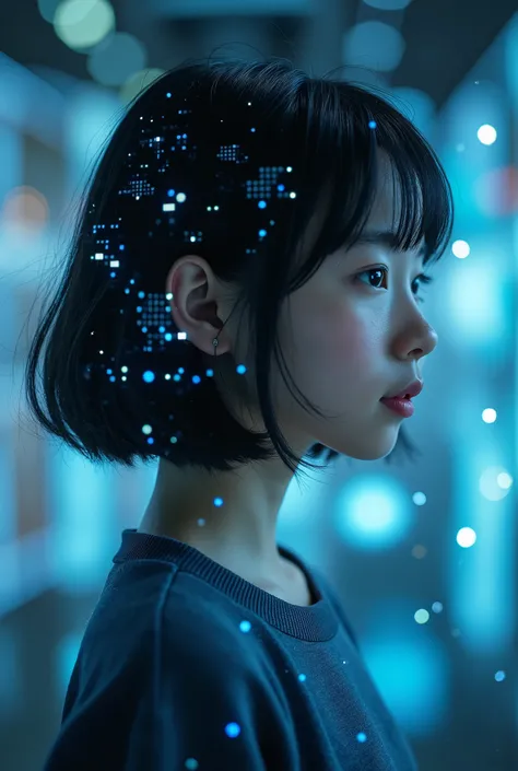 live-action、 real、 visualizing the impact of social networks on mental health during adolescence with holograms、Huge amounts of data flow in、Profile of a very beautiful Japanese high school girl、 short bob hair 