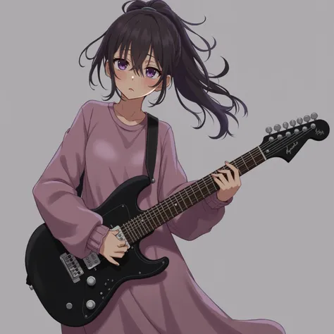  ( top quality), 1 woman ,  sweater 、 Long Skirt、  embarrassed face、  expressive eyes, cute,   ponytail, purple eyes,  playing electric guitar