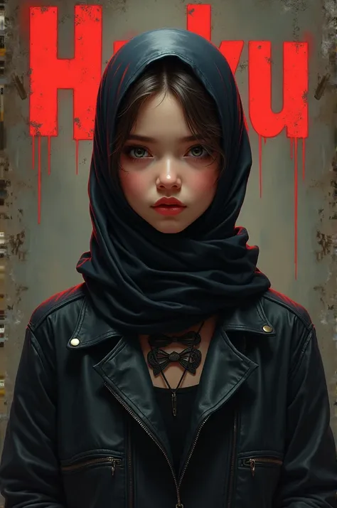 hijabi cute girl wearing duit with a mafia theme with a word HAKU on the background 