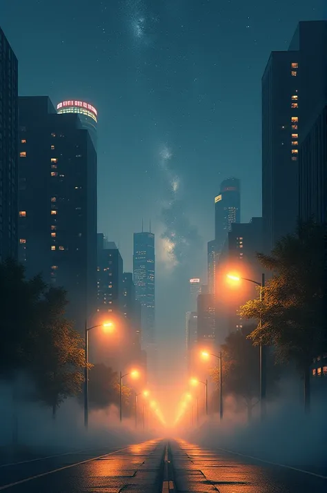 Create a picture of a city at night,  above the city is a starry sky , There is fog on the road ,  Street lamps emit golden light, Frogs eye view, Vanishing point, abstract