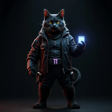 a black cat as a strategist cyberpunk officer,one hand holding a glowing data pad,black background,full front view,highly detailed,8k,realistic,photorealistic,physically-based rendering,vivid colors,dramatic lighting,cinematic,digital painting,concept art ...