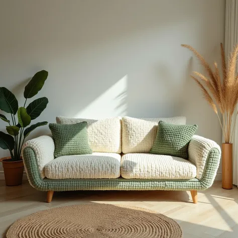 Nice lazy single sofa design crochet with wool local design on wool single sofa and separate design white green color full view pic full room view zoom out 