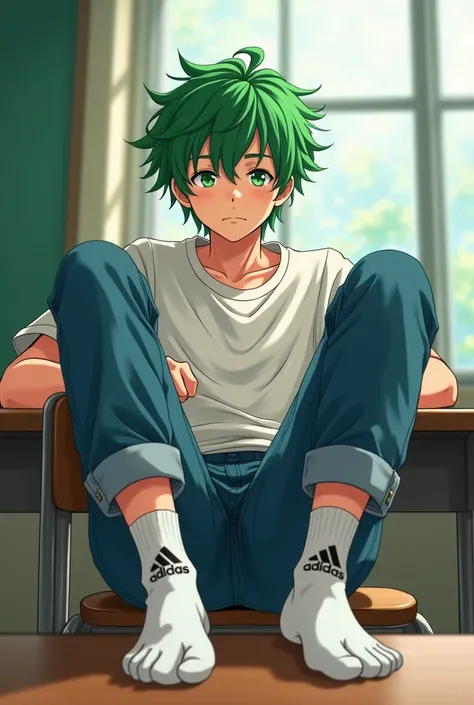 Anime male, older teenager, green hair, green eyes, freckles, messy hair, blue jeans, white adidas striped socks, short socks, leaning back, feet up, feet on desk, back of the classroom