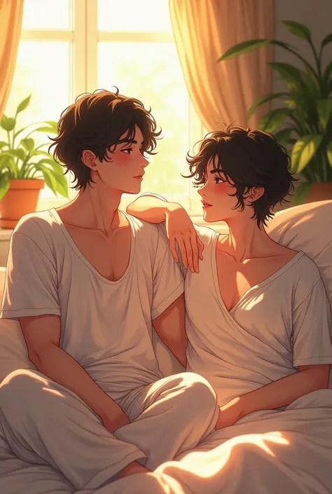 (photorealism:1.2), beautiful anime men sitting on bed, wearing loose off-shoulder top, pajama pants, long curly hair, indoors, soft lighting, plants in background, window with sunlight, cozy room, relaxed pose, realistic, intricate details, warm colors, b...