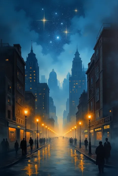  Create a painting of a city at night,  above the city is a starry sky , There is fog on the road ,  Street lamps emit golden light, Frogs eye view, Vanishing point, abstract, comma-like paint application 

